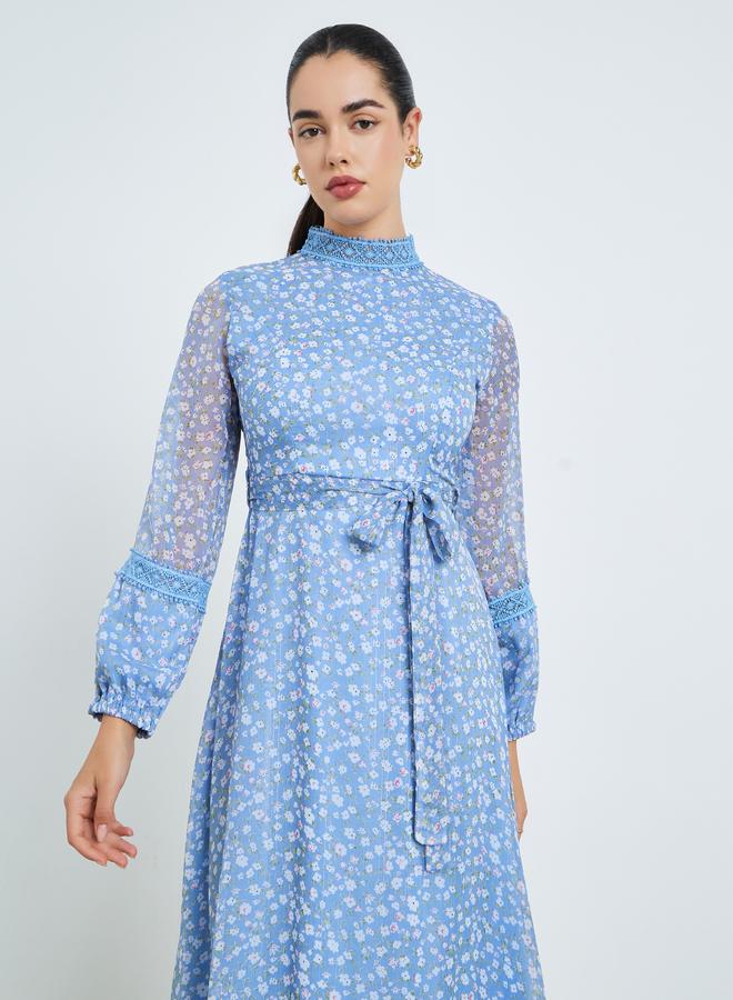 Women Blue Floral Print A-Line Midi Dress